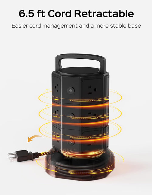 Load image into Gallery viewer, Power Strip Tower Surge Protector,  1625W 13A Outlet Surge Electric Tower, 12 Outlets 6 USB Ports Charging Station with 16AWG 6.5Ft Heavy Duty Extension Cord for Home Office Dorm Black
