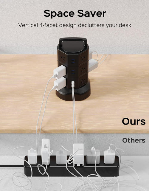 Load image into Gallery viewer, Power Strip Tower Surge Protector,  1625W 13A Outlet Surge Electric Tower, 12 Outlets 6 USB Ports Charging Station with 16AWG 6.5Ft Heavy Duty Extension Cord for Home Office Dorm Black
